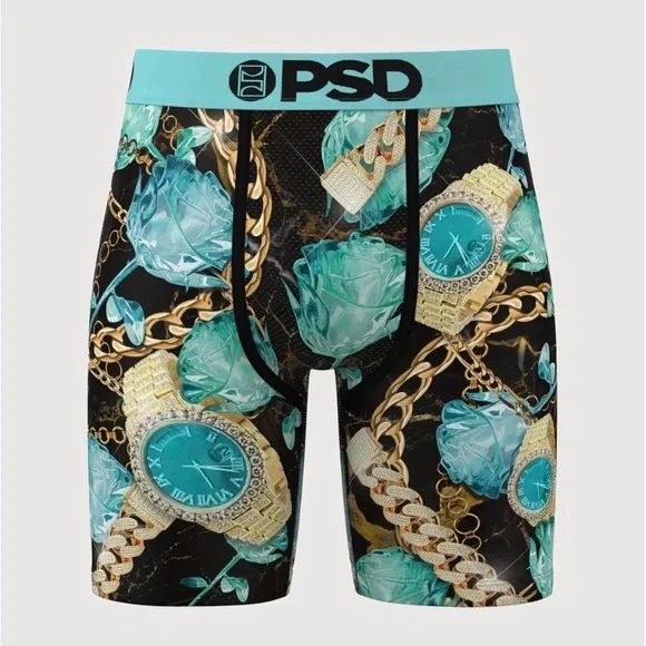PSD Aqua Rose & Gold Chain Boxer Briefs with Black Base - Picture 1 of 5